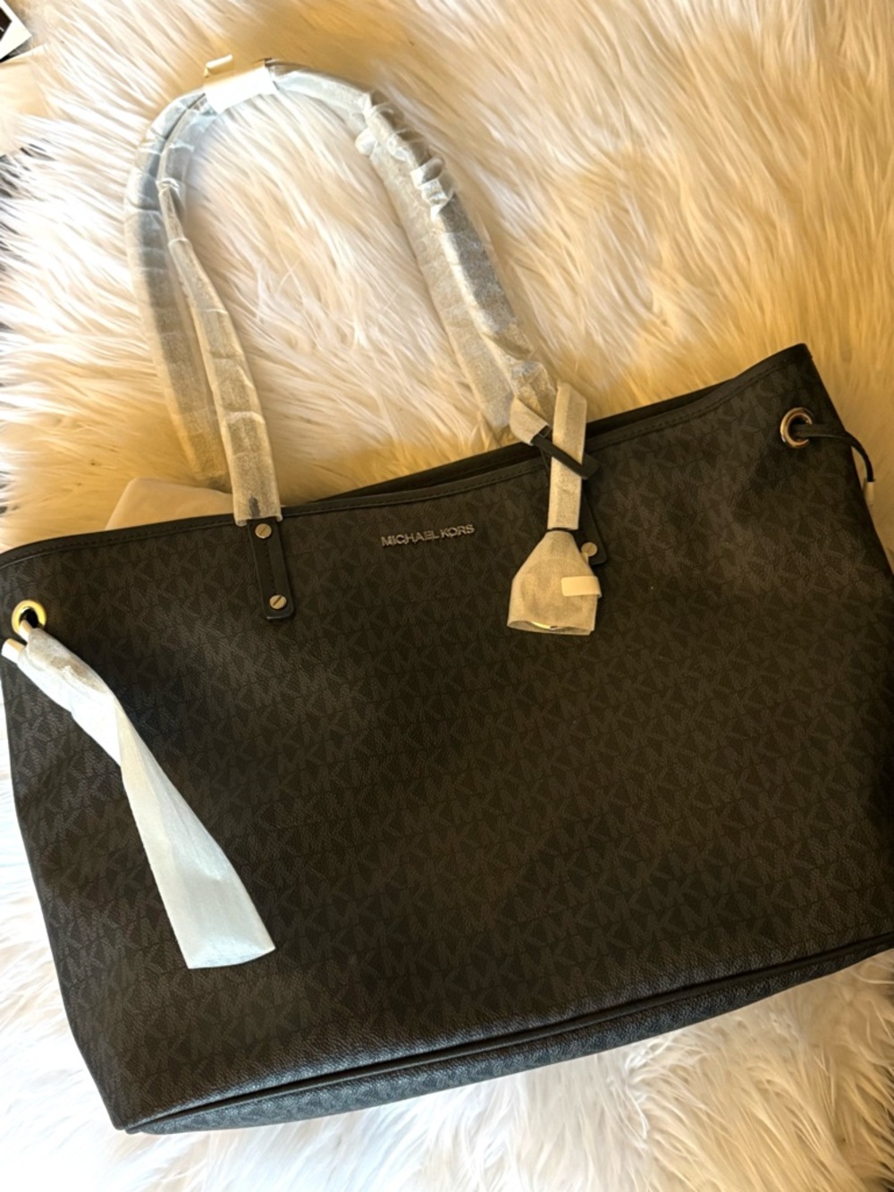 Michael Kors Black MK Signature Tote with Gold Accents